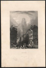 XIXe Gravure originale Rouen Place marché Seine-Maritime