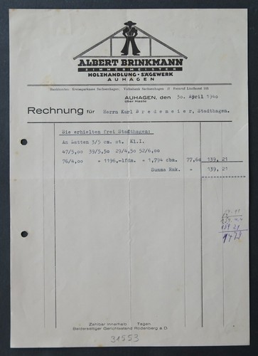 Facture allemagne 1940 - facture, auhagen