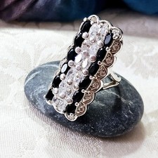 Bague Xxl Argent 925 Serties De Zircons Ronds Transparents Et Noirs Taille 54