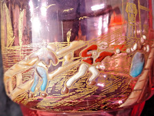 Superbe Carafe ( vase ) émaillée rose Décor Scène Mer Bateaux Marins Port 1900