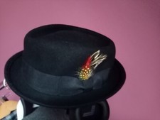 Porkpie black hat chapeau fedora noir plumes feathers unisex 100 % laine wool