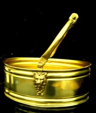 ANCIENNE JARDINIERE OVALE- CUIVRE JAUNE -ANSE POIGNÉE PORCELAINE DE DELFT 30 cm