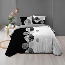 Housse de couette 220x240 cm + taies - Ronds noir et blanc - Multicolore
