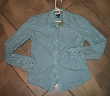 610  American Eagle Blue and White Stripe Cotton Long Sleeve Blouse 10