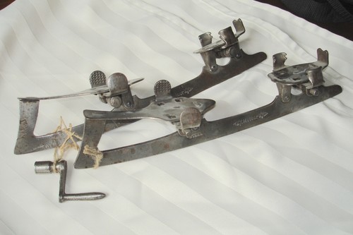 Vintage clamp ice skates - on,