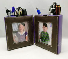 (NEW) Pen Pencil Cup and Photo Holder for Desk Top Genuine Napa Leather Purple