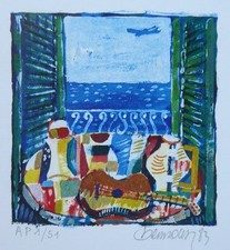 Miguel Berrocal Guitare Main Signée 83 Sérigraphie Espagnol Sculptor Lufthansa D