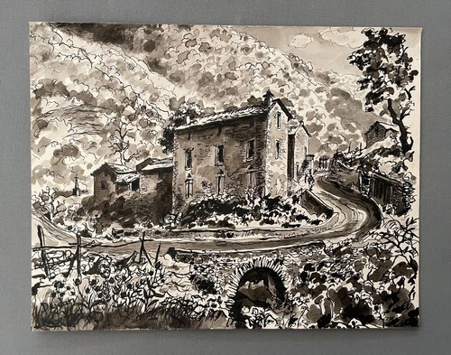 Maisons dessin lavis - maisons,, dessin,