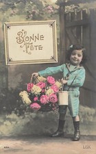 CP BONNE ANNEE ENFANT CULOTTE COURTE AVEC PANIER ROSES - 37988