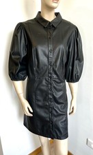 robe T46 chemise simili cuir noir manche bouffante longue boutonnière chic 682!