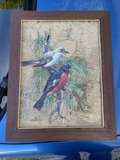 Tableau oiseaux peinture sur feuilles ornithologie signé Maitree ans 70 vintage