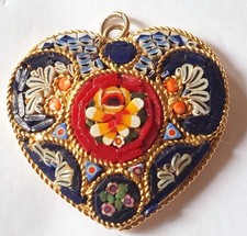 Grand Pendentif ancien Micro Mosaïque forme coeur monture métal Doré - Italy