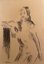 Tableau dessin au fusain portrait femme adossée original signé P Verilhac 1959 