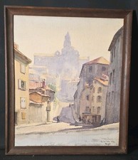 Tableau aquarelle vue de la rue des tables dans le Puy signé début XXème