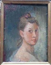 Tableau Peinture Portrait Jeune Femme Huile  Carton Style Impressionniste Signé 