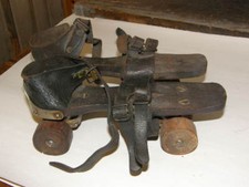 RARE, Antique 1880's Roller Skates Wooden Bases, Wooden Wheels & Leather Straps
