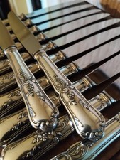 12 Couteaux de Table Décor Floral et Feuillages en Métal Argenté