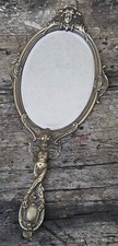 JOLI MIROIR  ANCIEN FACE À MAIN DÉCOR ANGES EN BRONZE 