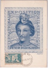 CARTE  MAXI PEXIP PARIS 1937 UTILISE SUR ENTIER POSTAL SEMEUSE 30 CTS