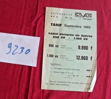 N°9230  / automobiles SOVAM tarif voiture de sport 850 VS -1100 VS / 09-1965