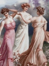 Grand plat  Porcelaine Limoges scène galante Ronde Antique Muse Fées Forêt