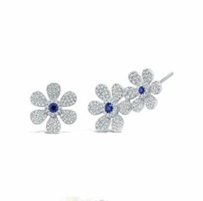 14K or Blanc Saphir Diamant Fleur Boucles D'Oreilles Oreille Lent Grimpeur Clou