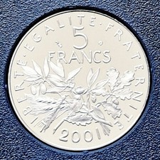 France : Rare BE FDC 5 francs 2001 Semeuse Tranche Lisse du coffret 35.000 ex.