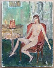 Petit Tableau Peinture Huile Scène Femme Nue Fauteuil Rouge Interieur Vert