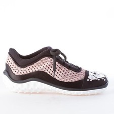 MIU MIU chaussures femme Black satin and pink mesh fabric sneaker with Swarovsky