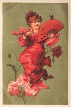 CHROMOS AG#MK937 FEMME TULIPE EN ROBE ROUGE ET EVENTAIL AU BON MARCHE PARIS