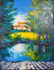 Toile originale de NOLAC -au couteau -  35x27 Les reflets du point d'eau