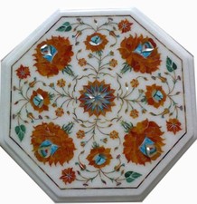 12 " Marbre Blanc Coin Table Top Cornaline Floral Inlay Demi Précieuses Pierres