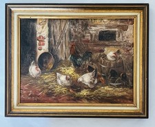 Tableau Vintage Poules Dans Le Poulailler, Huile Sur Toile Début XX