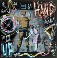 SPACO signed  HAND UP banksy tableau pop STREET ART graffiti french PAINTED usa