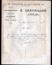BAUGY (18) TONNELLERIE / PRESSOIR ALAMBIC FOULOIR "E. CHAVAILLON" Lettre en 1908