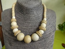 COLLIER TOUR DE COU BOULES DE BOIS NATUREL EN CHUTE+RONDELLES,COULEUR ECRU,BEIGE