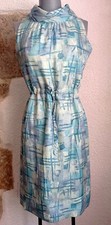Robe débardeur vintage 1960 motifs bleus Taille 34-36 fait main sixties
