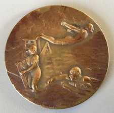 Médaille Bronze  Natation Art Nouveau, 2 signatures à identifier