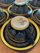 Service à café signé HB, Henriot Quimper, 18 pièces noir et jaune, art déco 1950