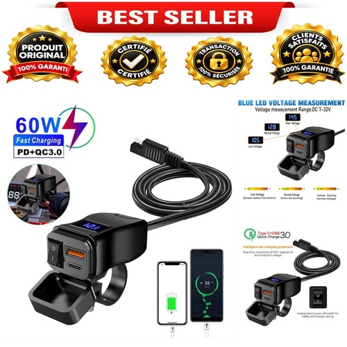 Chargeur usb moto - qc3.0, 12v