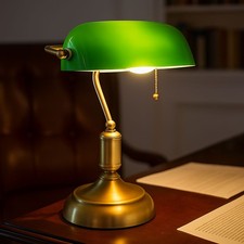 Lampe De Bureau Banker En Laiton Ancien Avec Verre Vert LED H 36 Cm