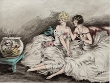 Lithographie art déco aquarellée de Dorval «Jeunes femmes et le bocal à poissons