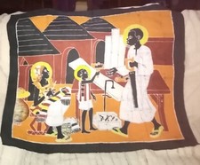 BATIK AFRICAIN EN COTON,FAMILLE DANS UN VILLAGE AVEC UNE AUREOLE JAUNE,RELIGION?