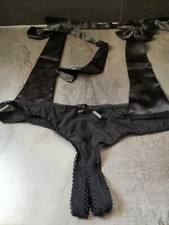 Body string ouvert voile et satin noir "Avidlove" lien cou taille M.