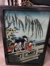 TABLEAU CADRE PEINTURE FIXEE SOUS VERRE CHINE CHINOIS ASIATIQUE JAPONAIS ORIENT