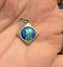 French Mary Medal Necklace Pendant Blue Enamel Brass Round ⅝” Lourdes Gold