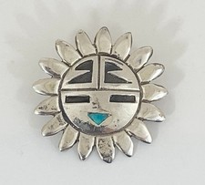Vintage Sun God Zuni Brooch, Sterling Silver, Turquoise
