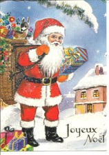 NOEL - Père Noël dans la neige avec hotte de jouets - maison - cadeau - Joyeux N