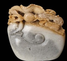 Chine Asie sculpture pierre dure grise surmontée d'un dragon décoration figurine