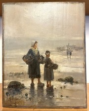 Tableau Ancien Fin XIXè ,les Glaneuses De La Mer HSP Très Bon État